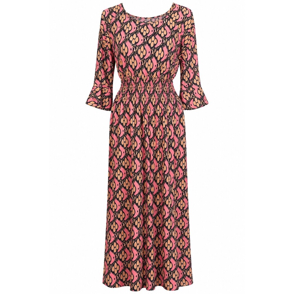 Boho Abstract Print Maxi Dress Smocked Waist 3/4 Sleeve Festival Large